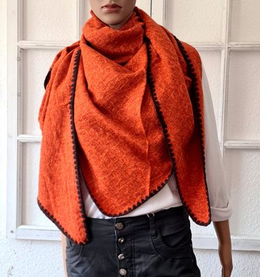 Blogger weiches XXL Dreieckstuch Schal 30 % Wolle meliert Orange/ Schwarz