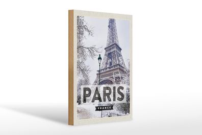 Holzschild Reise 20x30 cm Paris Frankreich Eiffelturm Schnee Schild wooden sign