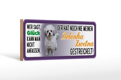 Holzschild Tier Spruch 27x10 cm Nie Bolonka Zwetna Hund gestreichelt wooden sign