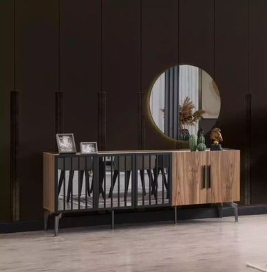 Möbel Sideboard Schrank Design Luxus 2tlg. Kommode mit Spiegel Braun