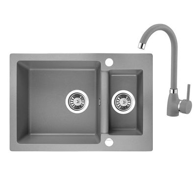 SET Küchenarmatur & Granitspüle 1,5-Becken CELIA Grau 44x65 | Siphon im SET!