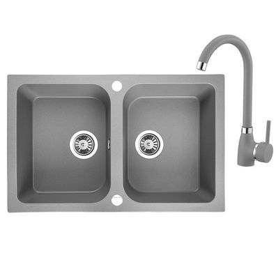 SET Küchenarmatur & Granitspüle 2-Becken CELIA Grau 48x76 | Siphon im SET!