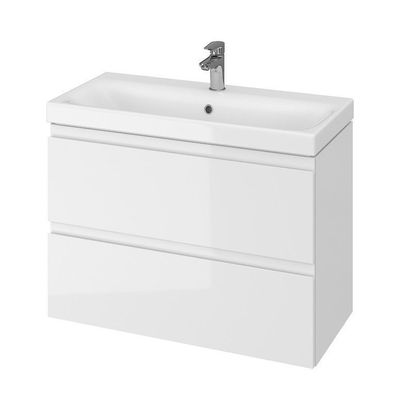 Badmöbel Set Badezimmerschrank mit Keramikwaschbecken 2-Schubladen MODUO SLIM 80 Weiß