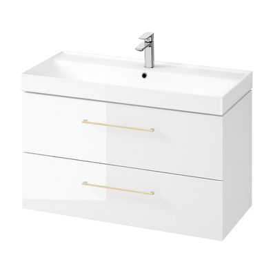 Badmöbel Set Badezimmerschrank mit Keramikwaschbecken LARGA 100 Weiß, Golden Griffe