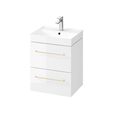 Badmöbel Set Badezimmerschrank mit Keramikwaschbecken LARGA 50 Weiß, Golden Griffe