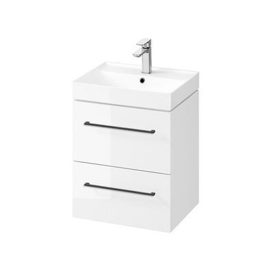 Badmöbel Set Badezimmerschrank mit Keramikwaschbecken LARGA 50 Weiß, Schwarz Griffe