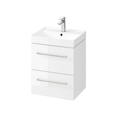 Badmöbel Set Badezimmerschrank mit Keramikwaschbecken LARGA 50 Weiß, Silber Griffe