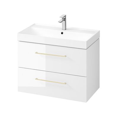 Badmöbel Set Badezimmerschrank mit Keramikwaschbecken LARGA 80 Weiß, Golden Griffe