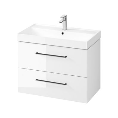 Badmöbel Set Badezimmerschrank mit Keramikwaschbecken LARGA 80 Weiß, Schwarz Griffe
