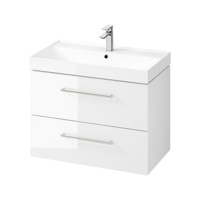 Badmöbel Set Badezimmerschrank mit Keramikwaschbecken LARGA 80 Weiß, Silber Griffe