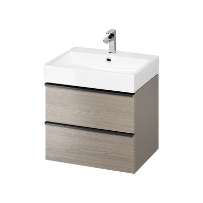 Badmöbel Set Badezimmerschrank mit Keramikwaschbecken VIRGO 60 Eiche, Schwarz Griffe