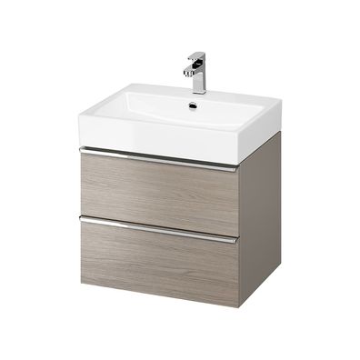 Badmöbel Set Badezimmerschrank mit Keramikwaschbecken VIRGO 60 Eiche, Silber Griffe