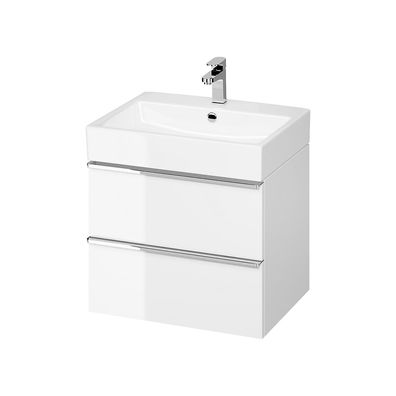 Badmöbel Set Badezimmerschrank mit Keramikwaschbecken VIRGO 60 Weiß, Silber Griffe