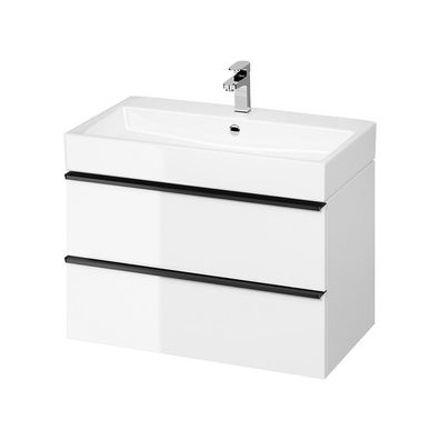 Badmöbel Set Badezimmerschrank mit Keramikwaschbecken VIRGO 80 Weiß, Schwarz Griffe