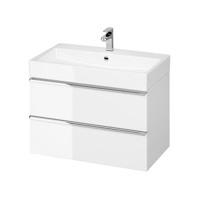 Badmöbel Set Badezimmerschrank mit Keramikwaschbecken VIRGO 80 Weiß, Silber Griffe