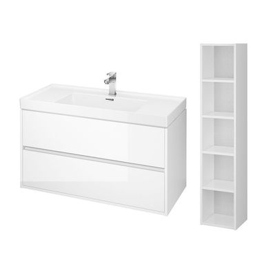 Badmöbel Set CREA 100 Waschbecken-Unterschrank mit Hochschrank 140x30 Badregal Weiß