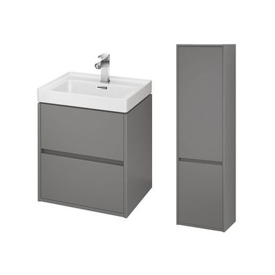 Badmöbel Set CREA 50 Waschbecken-Unterschrank mit Hochschrank 140x40x25, Grau Matt