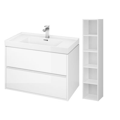 Badmöbel Set CREA 80 Waschbecken-Unterschrank mit Hochschrank 140x30x25 Badregal Weiß