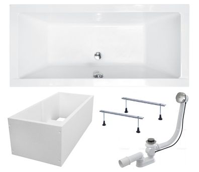 Badewanne Rechteck Acryl QUADRO 180x80 Weiß Wannenträger | Ablauf & Füße GRATIS !