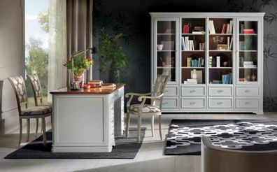 Schreibtisch Bücherregal 2x Stühle Regal Holz Schrank Weiß Design Schrank