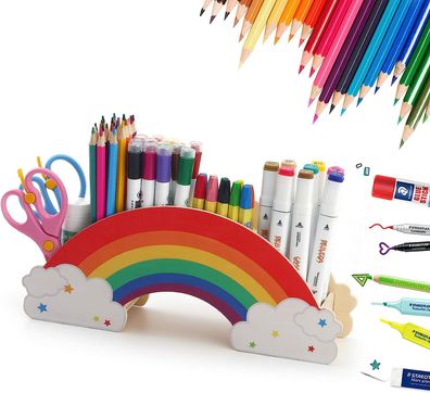 Mäppchen Regenbogen-Stiftehalter aus Holz, niedlicher Bleistifthalter mit 6 Fäch