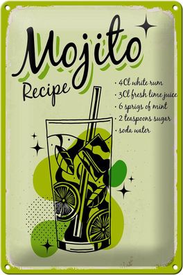 Blechschild Rezept Mojito Cocktail Recipe drink 20x30 cm Deko Schild tin sign