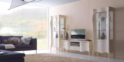 Wohnwand Weiß Set Vitrine Wohnzimmer TV Ständer Holz Luxus Möbel