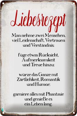 Blechschild Spruch 20x30 cm Liebesrezept Retro Geschenk Deko Schild tin sign