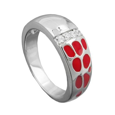 Ring 7mm rote Lackeinlage 4 Zirkonias glänzend rhodiniert Silber 925 Ringgröße 54