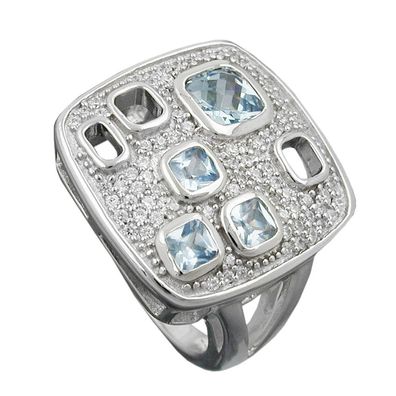 Ring 18mm Viereck Zirkonias aqua weiß glänzend rhodiniert Silber 925 Ringgröße 58