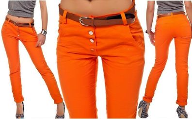 Damen Chino Slim Fit Knitter Trend Hüft Stoff Hose Gürtel Orange S 34
