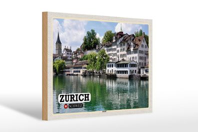 Holzschild Reise Zürich Schweiz Altstadt Fluss 30x20 cm Deko Schild wooden sign