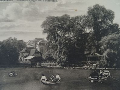 alte Postkarte AK KF s/ w Düsseldorf HS Schwanenspiegel Fischerhaus Ruderboot