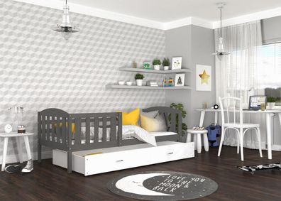 FURNIX Kinderbett KERINI P 80x190 mit Schublade und Matratze Grau-Weiß
