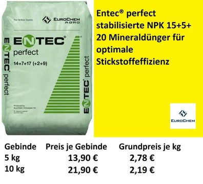 Entec® perfect NPK 15 + 5 + 20 Gartenbaudünger Rasendünger 5kg oder 10kg