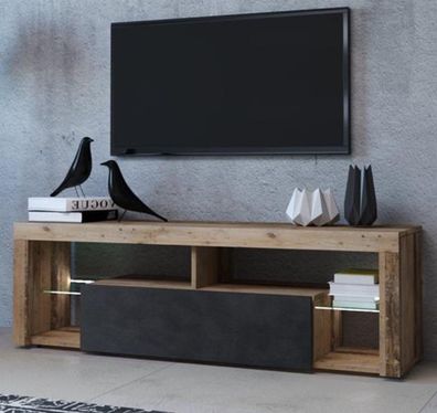 TV Lowboard Used Wood grau TV-Unterteil mit LED Beleuchtung Board 140 cm Mount