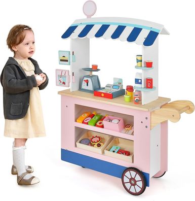 Lebensmittelwagen Kinder, Kaufladen Holz mit 2 Ablagen, Schiebegriff & Zubehör