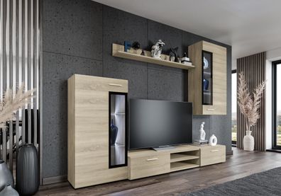 FURNIX Mediawand TINNA Wohnwand 4-tlg. mit TV-Schrank für Wohnzimmer Eiche Sonoma