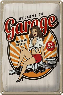 Blechschild Spruch Pinup Welcome to Garage Mechanic on 20x30cm Schild tin sign