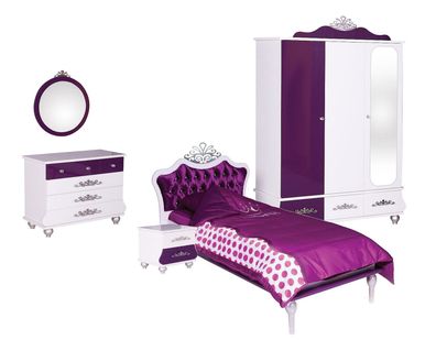 Kinderzimmer Anastasia lila mit Bett 90x200cm, Mädchenzimmer, Sparset 5-teilig