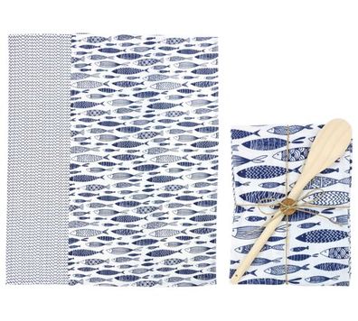 Geschenkset Maritime Küchentücher mit Holzlöffel Blau Weiß Baumwolle 70 x 40 cm