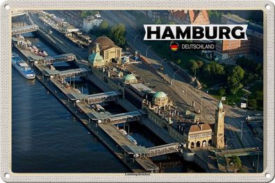 Blechschild Städte Hamburg Blick auf Landungsbrücken 30x20 cm Schild tin sign