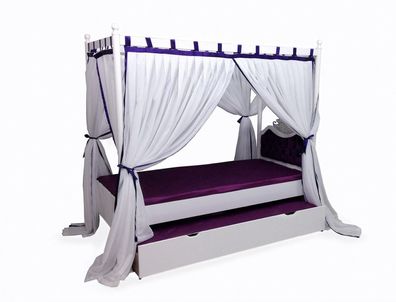 Romantisches Himmelbett Anastasia 90x200 in lila mit Bettschubkasten und Vorhang