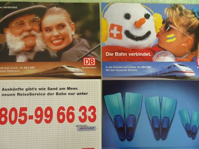 4 Werbepostkarten AK Reklame DB Die Bahn verbindet aus DM-Zeiten Bahncard