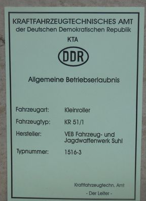 ABE, DDR, Kleinroller Schwalbe KR51/1 mit Stempel