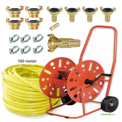 Schlauchwagen Professional stahl + 100m 3/4" Wasserschlauch + Spritzdüse + Anschlüße