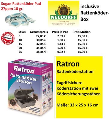 Neudorff Sugan Ratten Gift Pads 27 ppm 10 g Rattengift Mäusegift + Station