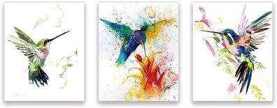 Set mit 3 abstrakten Aquarell-Vogelpostern - Kolibri und Blumen, Kunstdrucke - bunte