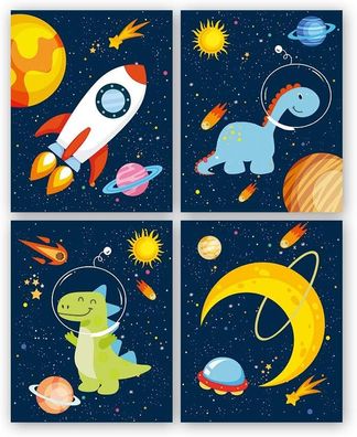 Set mit 4 Postern für Kinder-/ Babyzimmer, Rocket Planet Poster, Weltraumposter für K