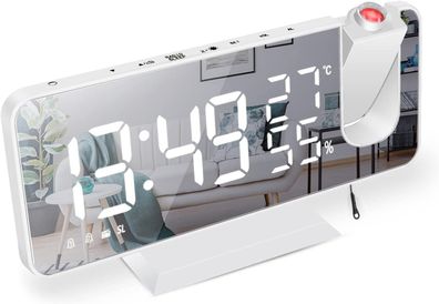 Projektor-Wecker, Radiowecker mit Temperatur, Luftfeuchtigkeit, 7,5-Zoll-Spiegel-LED